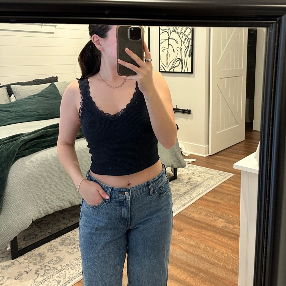 American Eagle Navy Blue Lace-Trim Ribbed Tank Top - Women